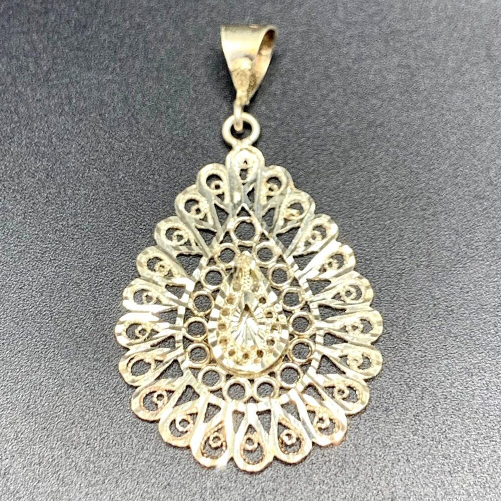 VTG Sterling Silver 925 Teardrop Shape Intricate Scalloped Design Pendant Sz 2"